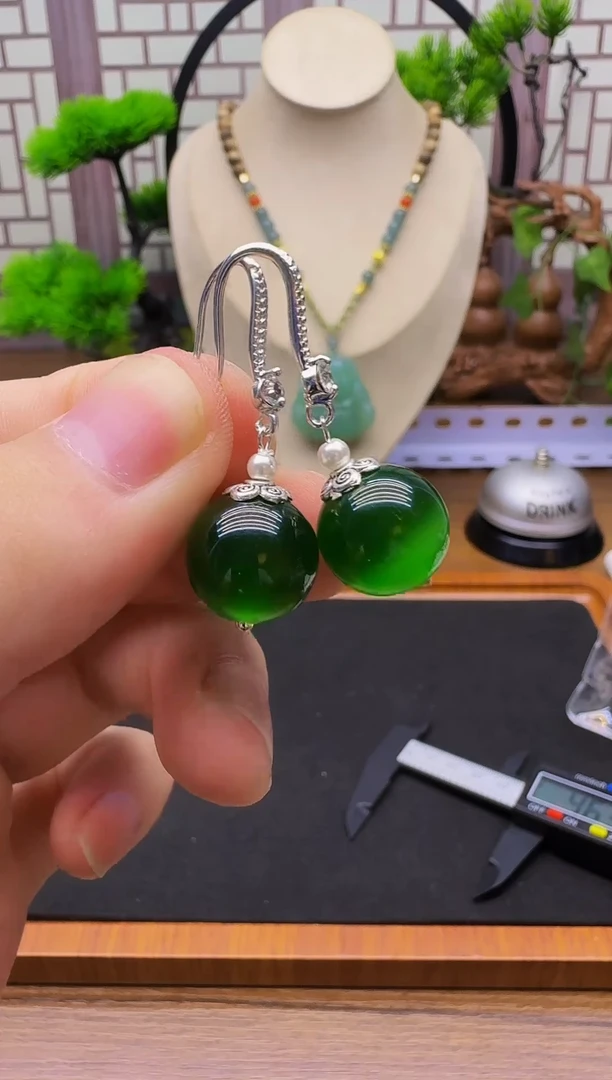 银S925镶嵌耳饰碧玺猫眼E90