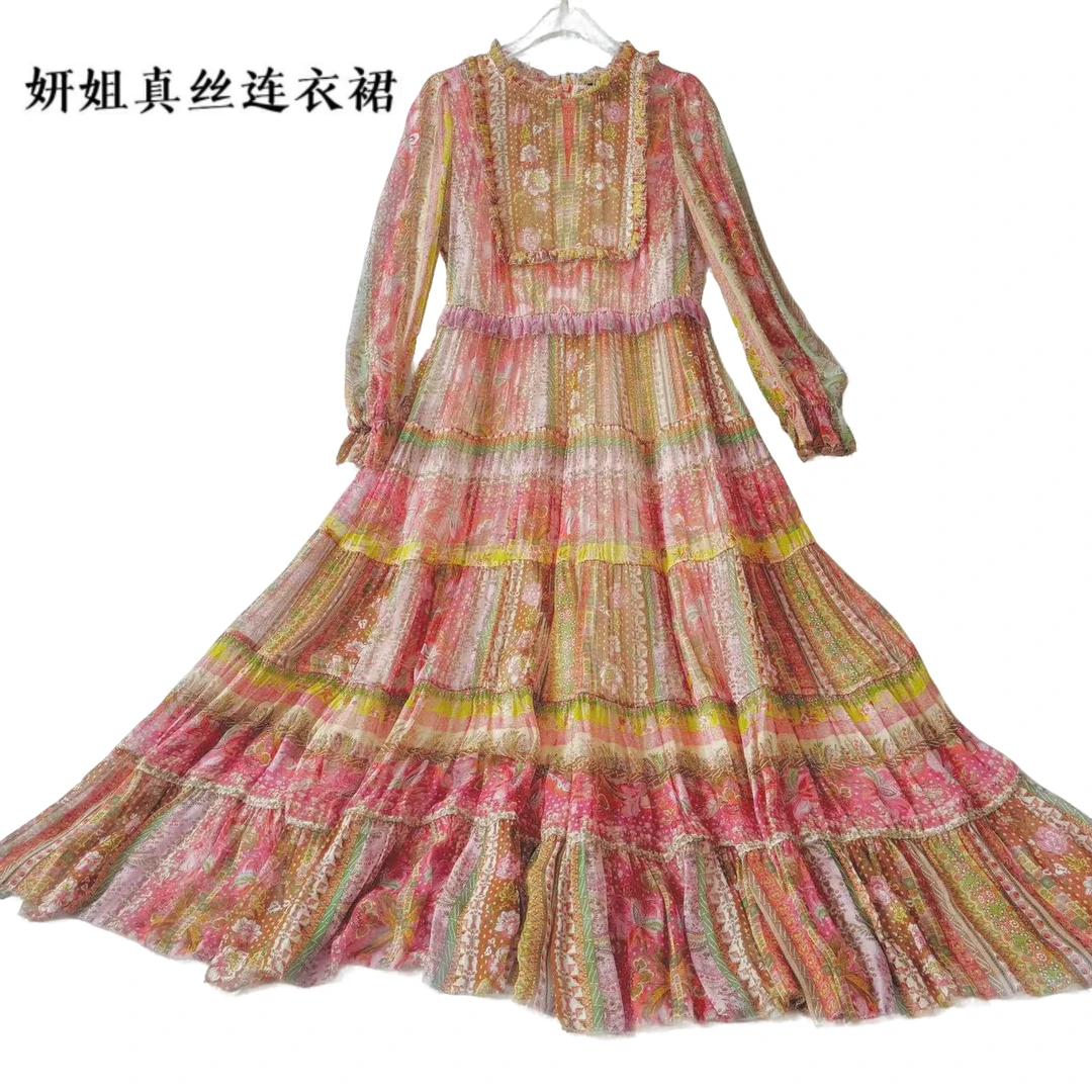 休闲蕾丝连衣裙2025年夏季新款女士复古桑蚕丝长裙红色 206850
