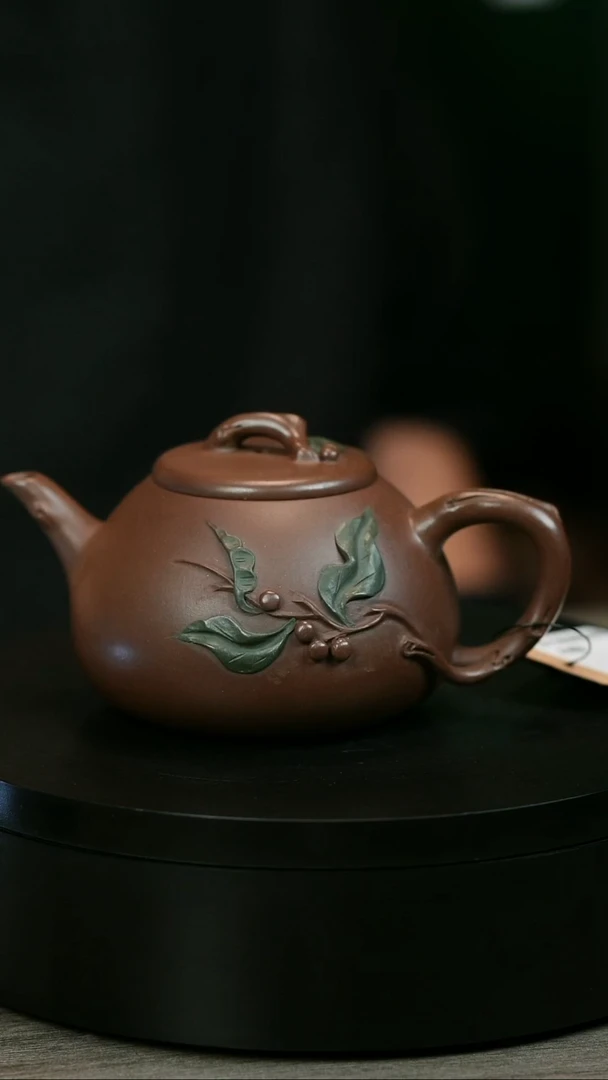 茶壶紫砂自*H1975周卓琴彩绘贴叶树圆