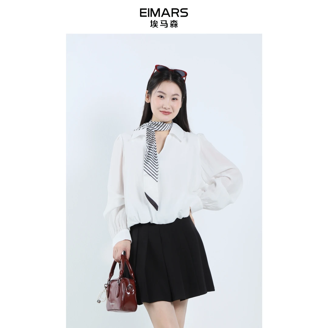 EIMARS埃马森秋季纯色简约通勤V领丝巾飘带小衫21232003