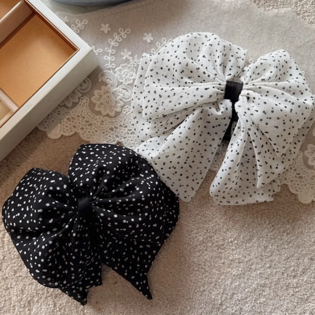 复古波点裙摆蝴蝶结抓夹法式半扎发低马尾鲨鱼夹子发卡发夹