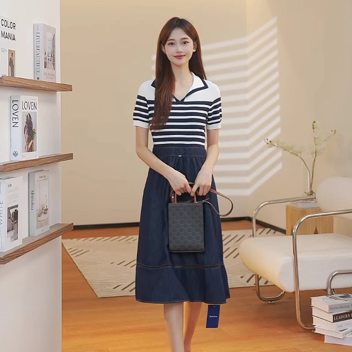 PSALTER诗篇2025秋季新品条纹拼接牛仔显瘦气质连衣裙6C65305073