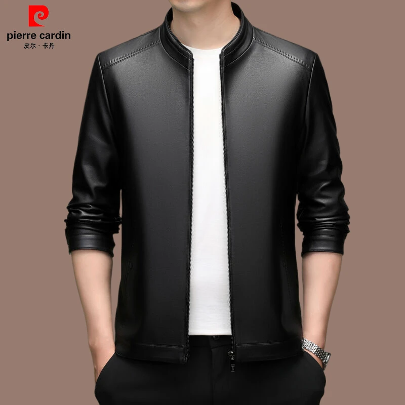 皮尔卡丹秋冬皮夹克衫男士中年立领短款皮衣爸爸时尚休闲皮衣外套