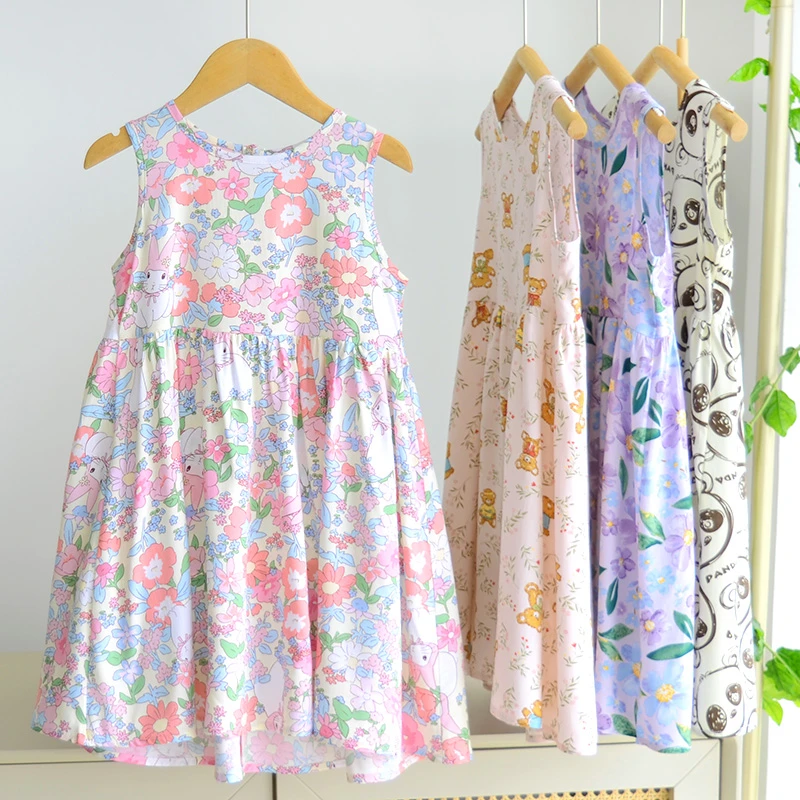 度假风童装夏款儿童女童绵绸背心裙子宝宝中大童人造棉碎花公主裙