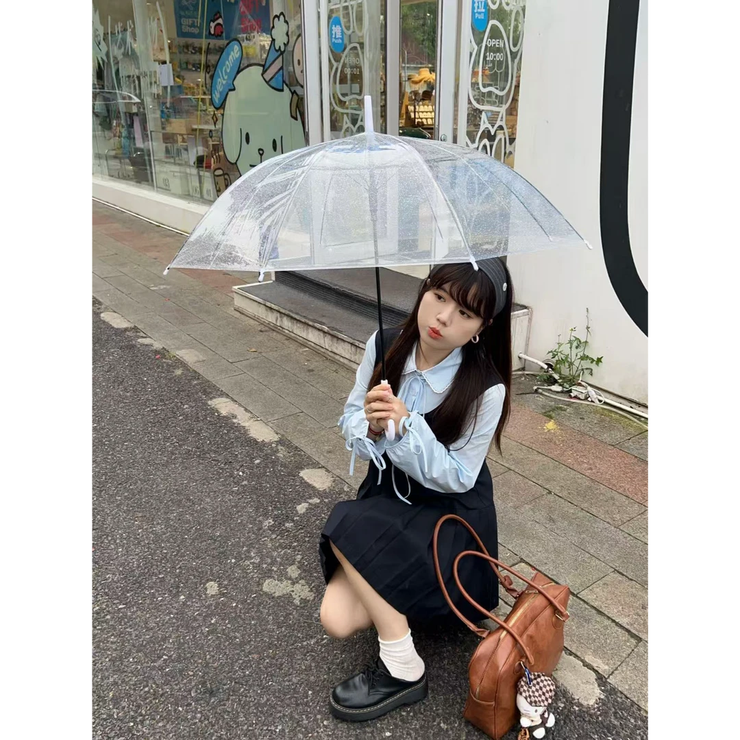 米米子“少女征途”深浅蓝撞色假两件学院风百褶连衣裙法式秋季新品