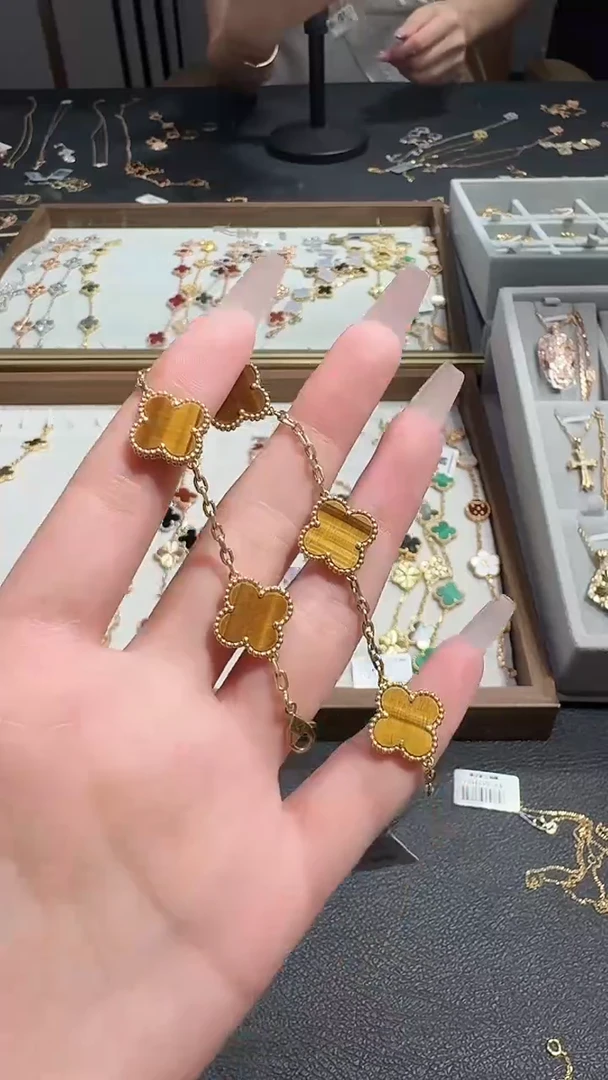 18K金镶嵌手链木变石（虎睛石）金色k黄五花手链GHJ