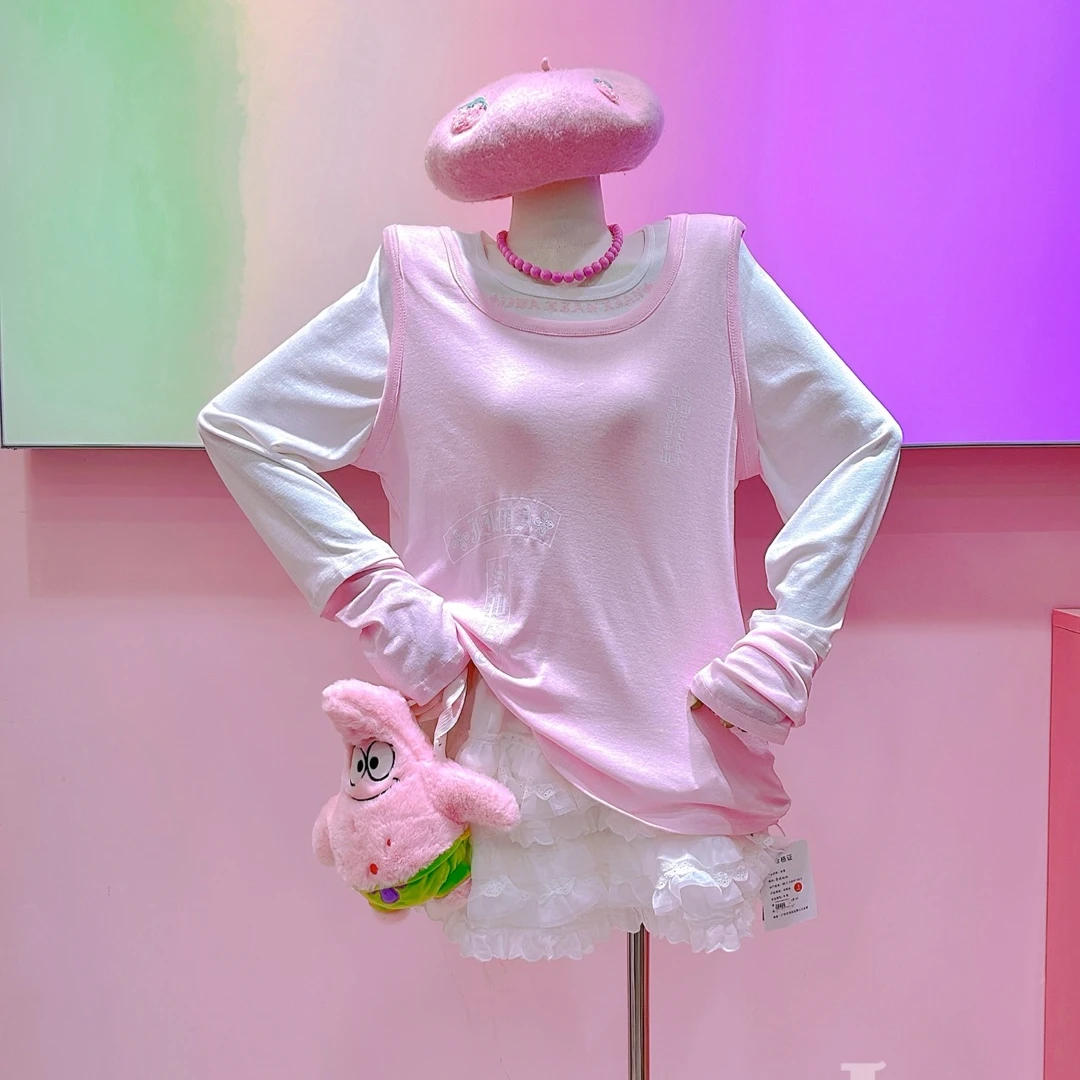 【纯熙+】28809秋冬新款三色字母假两件打底衫韩版T恤修身拼色上衣