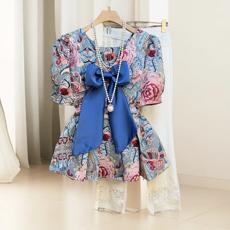 2025夏季新中式复古高级感气质印花洋气显瘦两面穿衬衫加裤子套装