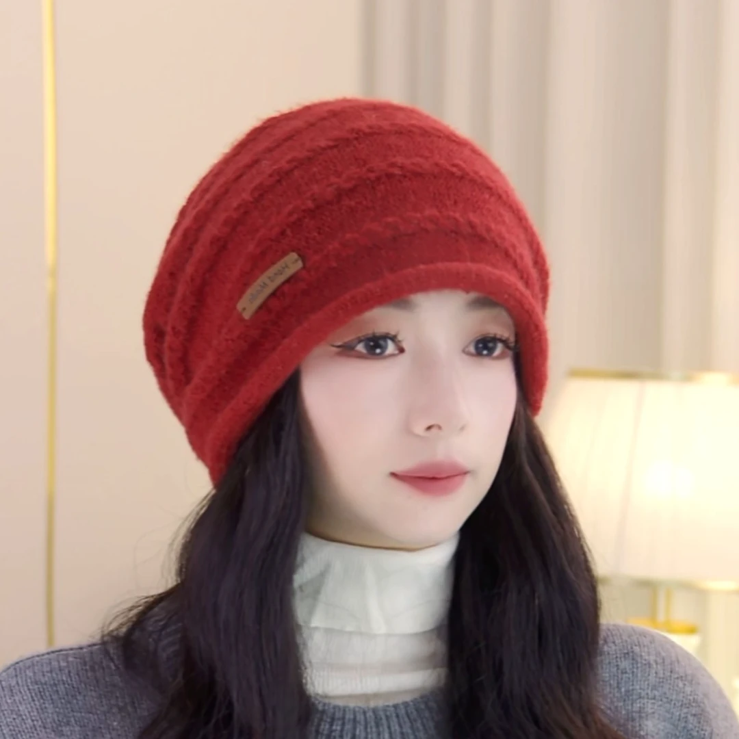 新款抽绳堆堆帽子秋冬保暖女日系复古显脸小针织毛线帽防寒护耳帽