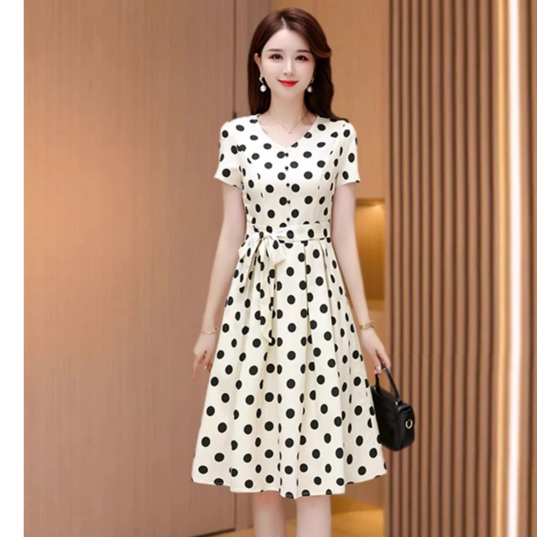 雪纺波点连衣裙2025夏季韩版新款女修身显瘦收腰气质短袖v领裙子