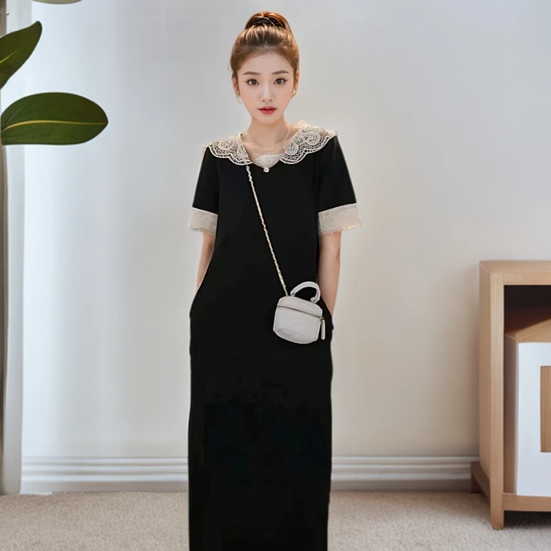 夏季新款时尚连衣裙蕾丝拼接连帽裙气质修身法式连衣裙DF