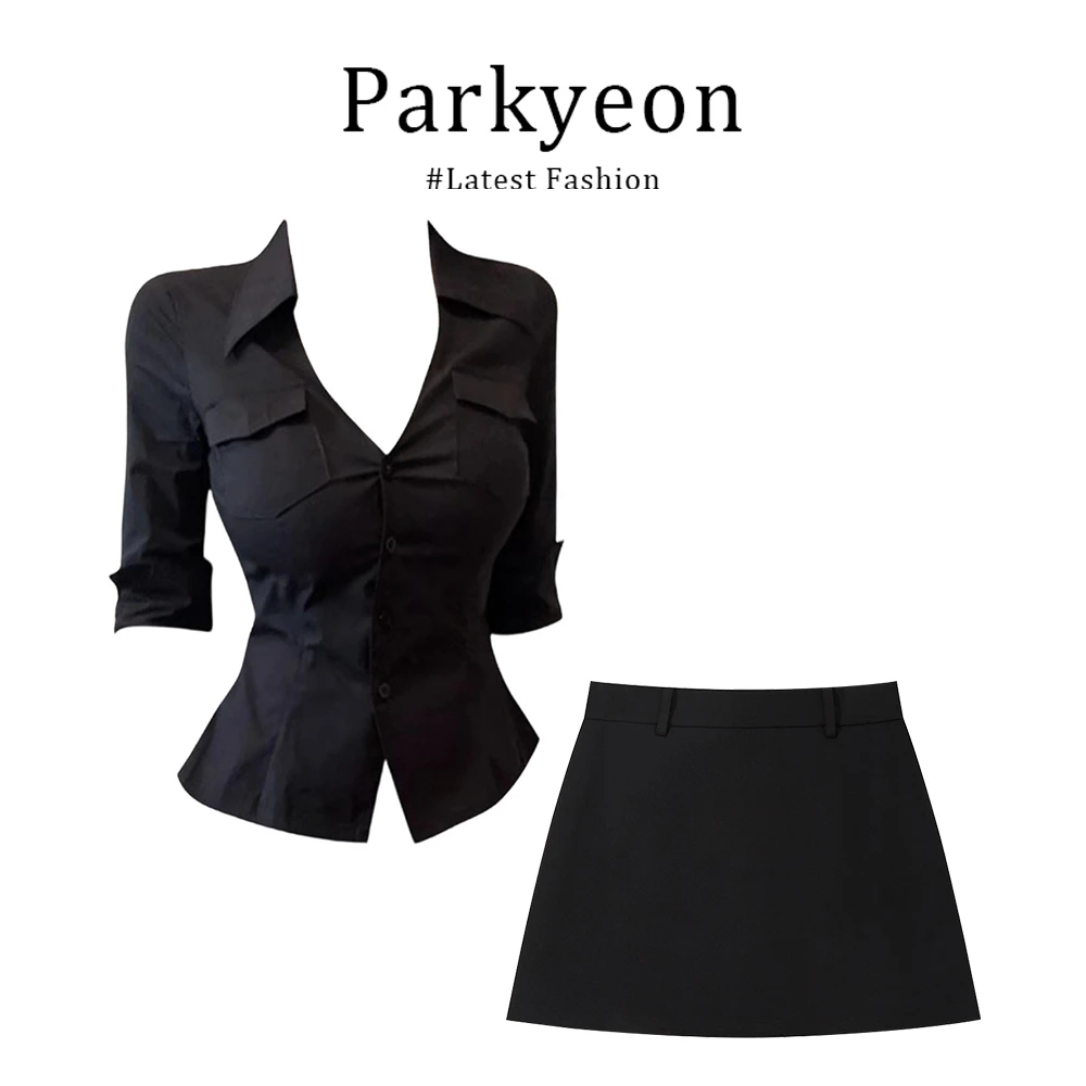 parkyeon亦菲同款~御姐辣妹风V领长袖衬衫辣妹修身短裙两件套女