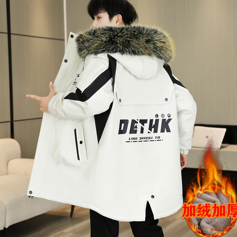 男士外套加绒加厚中长款冬季连帽青少年学生潮流保暖男孩子派克服