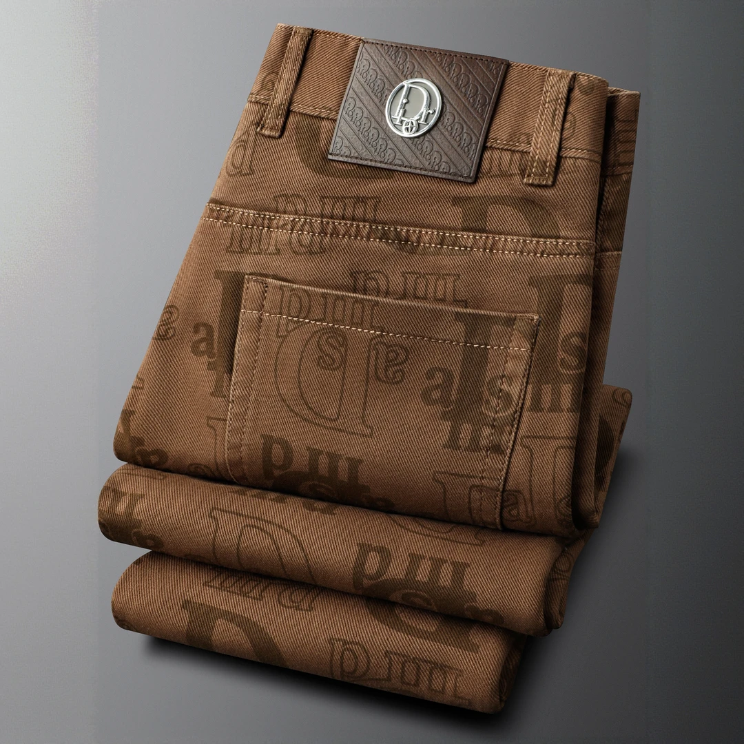 路约威格秋冬字母印花休闲裤男士修身小直筒长裤厚款牛仔裤直筒裤