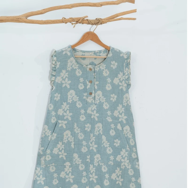 玛万生活花海棉麻无袖裙夏季复古文艺风裙子