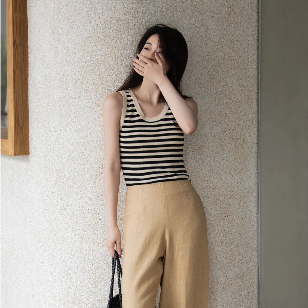 南油高奢Y*SL条纹背心亚麻桑蚕丝混纺舒适百搭通勤显瘦短款休闲夏