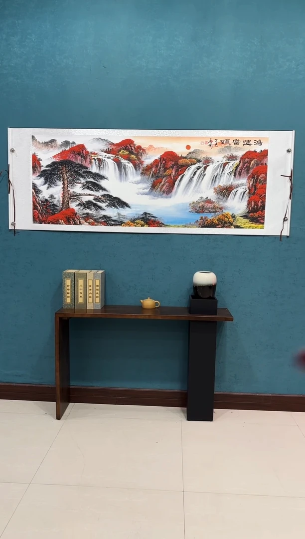 国画《鸿运当头迎客松山水》70*200厘米卷轴软裱