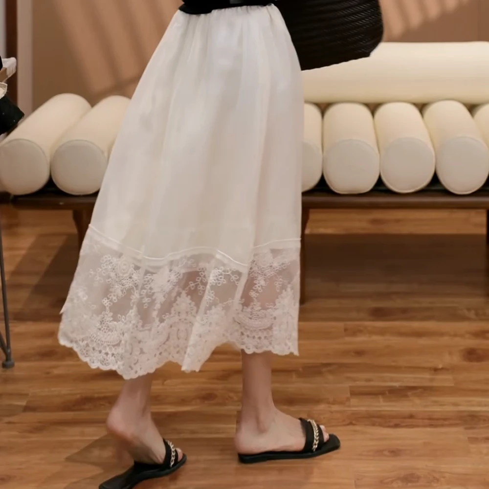 "朦胧白雾"春夏女款拼接蕾丝法式半身裙纱裙中长款白色长裙裙子女