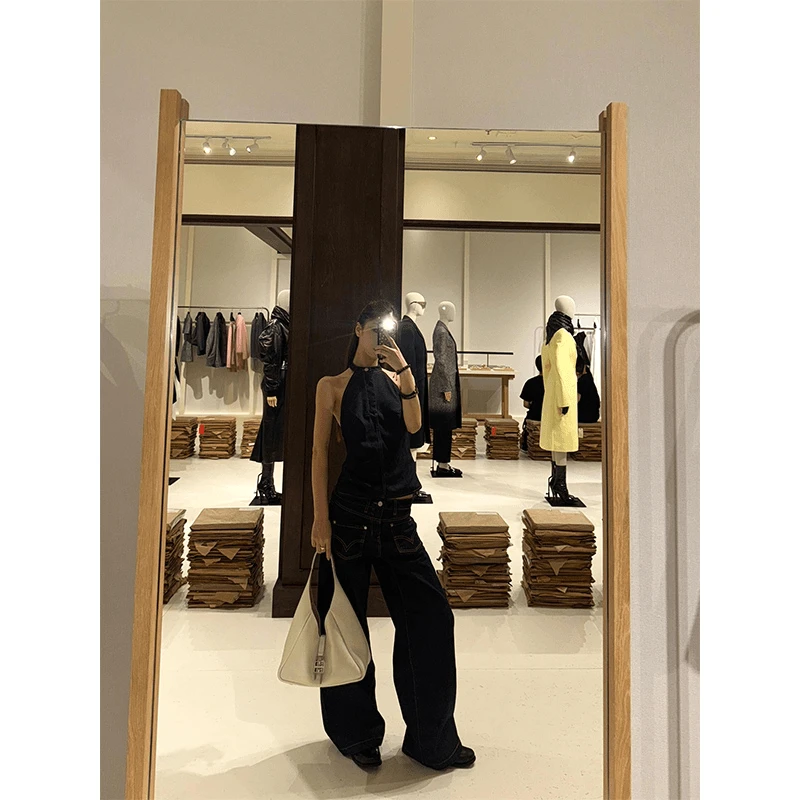 无袖上衣女夏季外穿高级感御姐范无袖挂脖背心夏季高腰阔腿牛仔裤