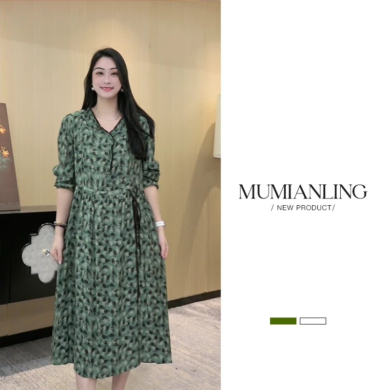 木棉林大码女装连衣裙新款小清新碎花拼接抽绳遮肚子裙子240155