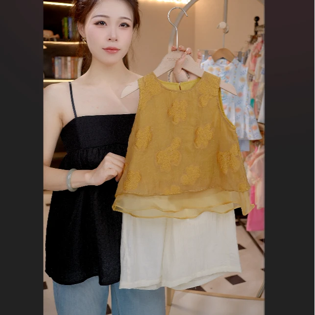 MOMOCO薄款上衣套装套头女女装纯色新中式内搭碎花夏季