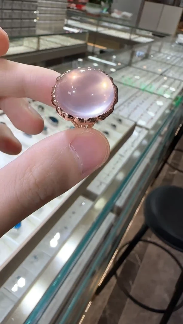 银S925镶嵌戒指芙蓉石16*14mm星光粉水晶