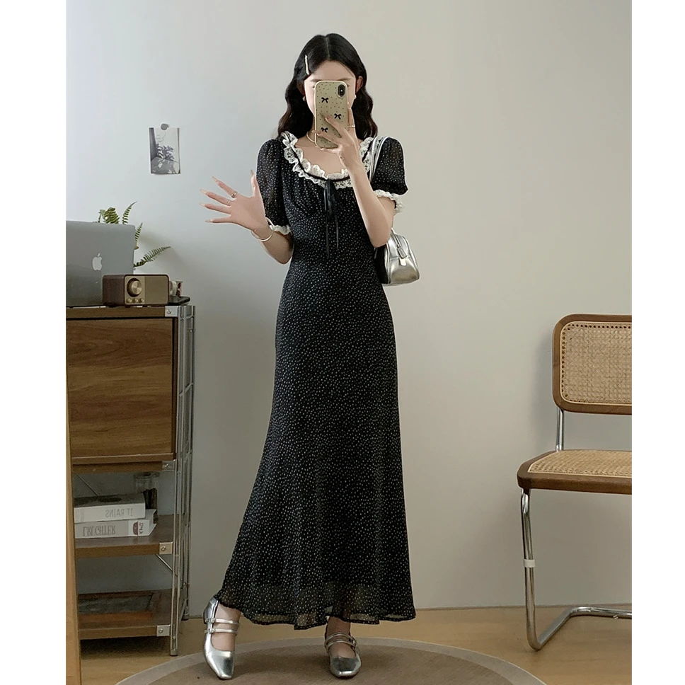 大码新款黑色波点连衣裙女夏季花边韩系chic别致穿搭长裙