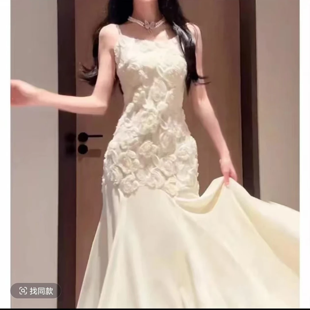 【珠白】2025新款法式刺绣玫瑰吊带裙轻奢气质收腰礼服鱼尾裙显瘦
