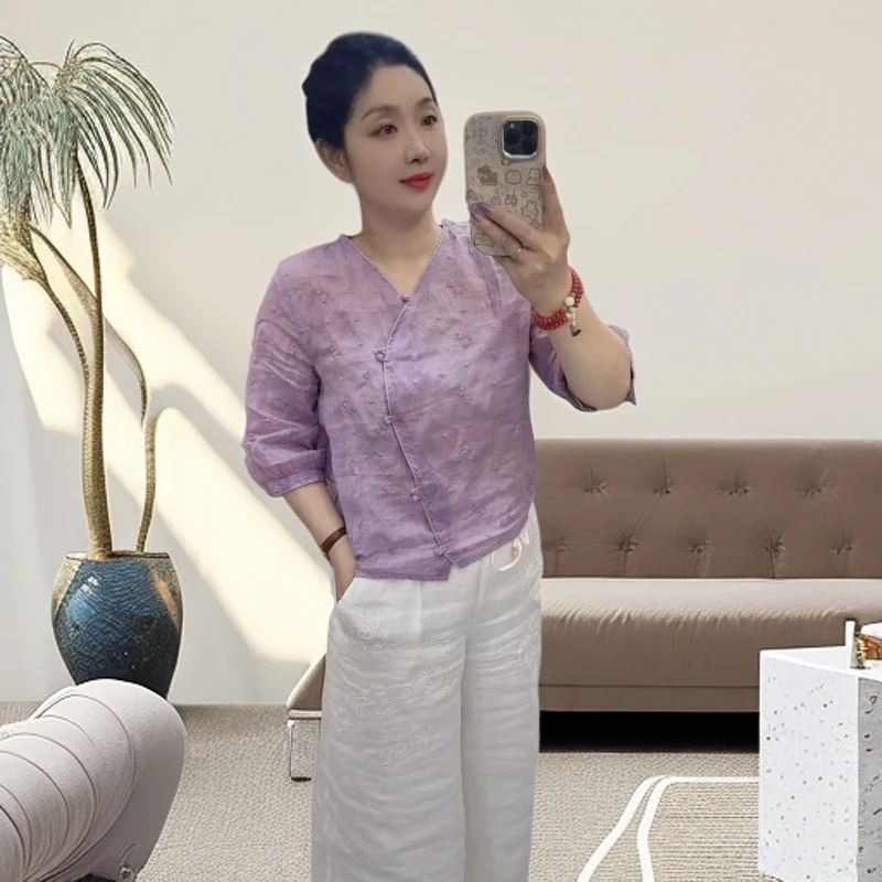 夏季苎麻国风V领斜襟刺绣休闲上衣