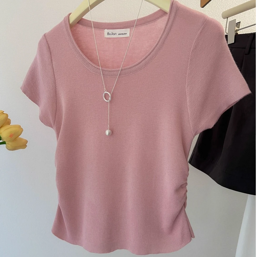 韩系绿色针织小飞袖正肩短袖T恤女夏季小个子褶皱收腰冰丝上衣薄