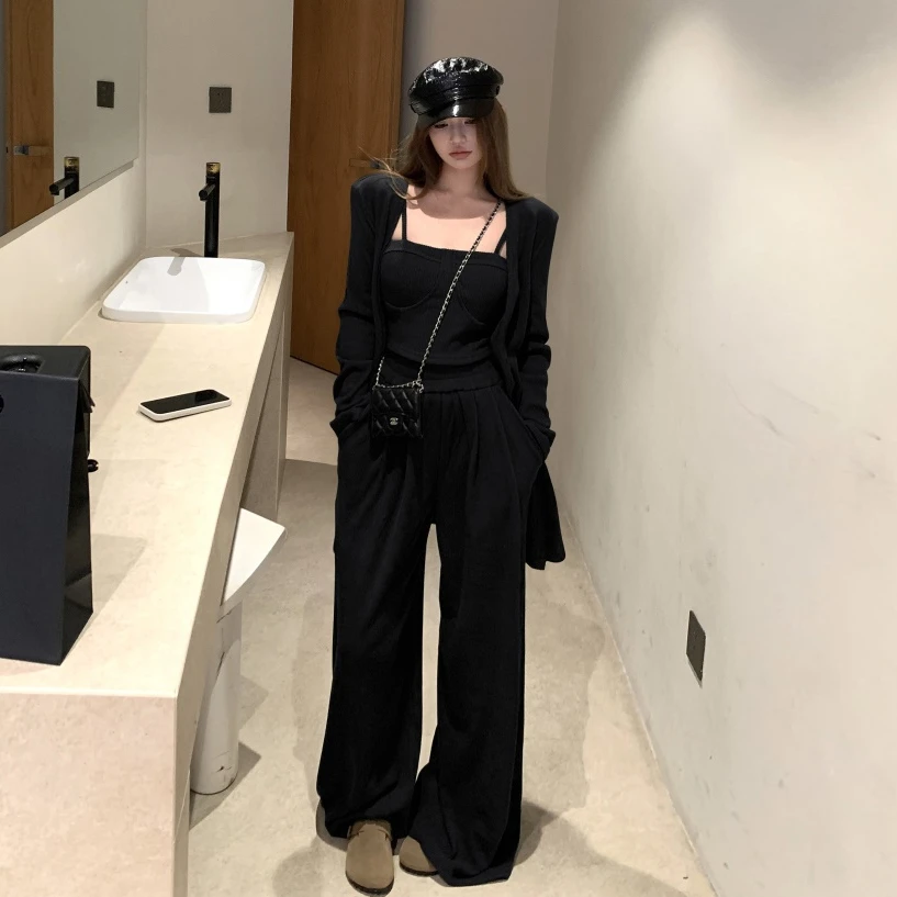 【微悦】秋季新款黑色百搭开衫外套+吊带+松紧腰阔腿裤 三件套 套装