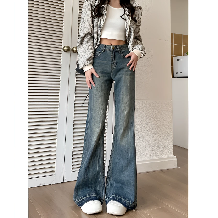 美式复古潮流微喇牛仔裤女秋季新款设计感高腰宽松牛仔裤微喇裤