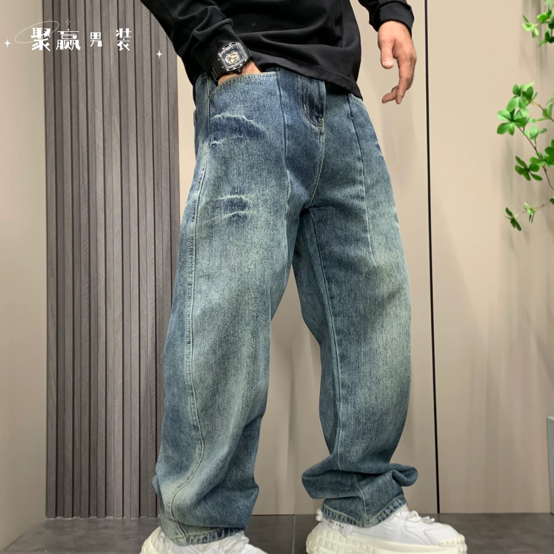 宽松阔腿牛仔裤男生秋冬新款美式复古弯刀休闲潮牌高街长裤大码潮