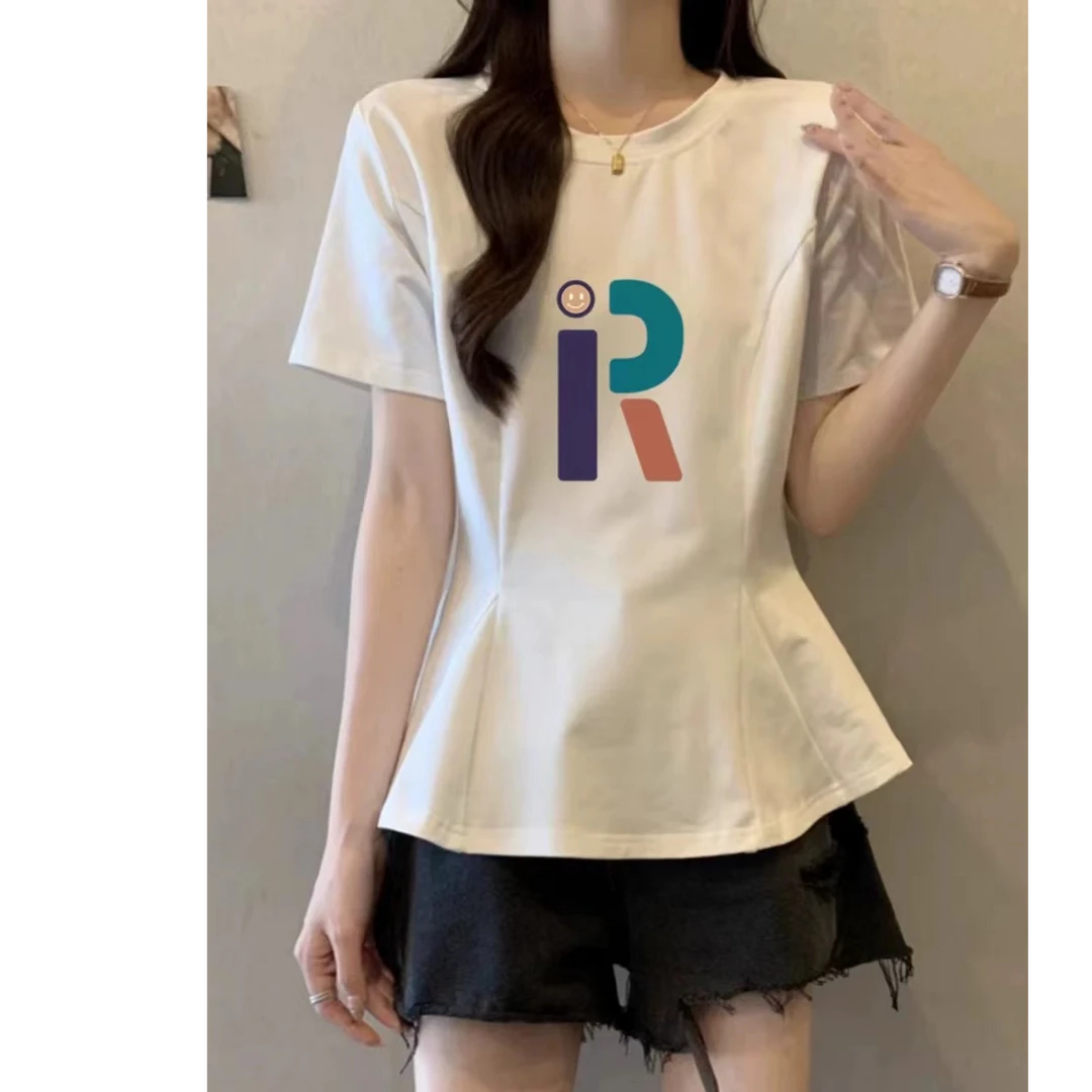 减龄短袖设计感休闲风耐磨圆领T恤常规白色印花百搭高腰宽松显瘦