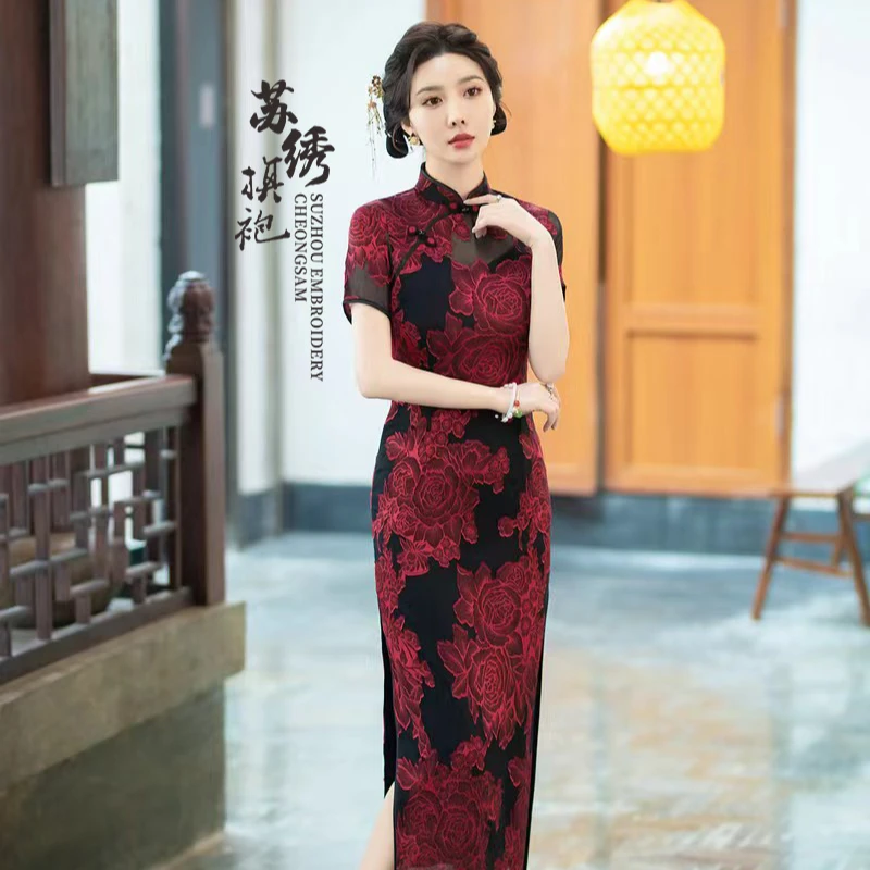 春夏新款2025高端红色长款中国风旗袍日常显瘦高级感修身