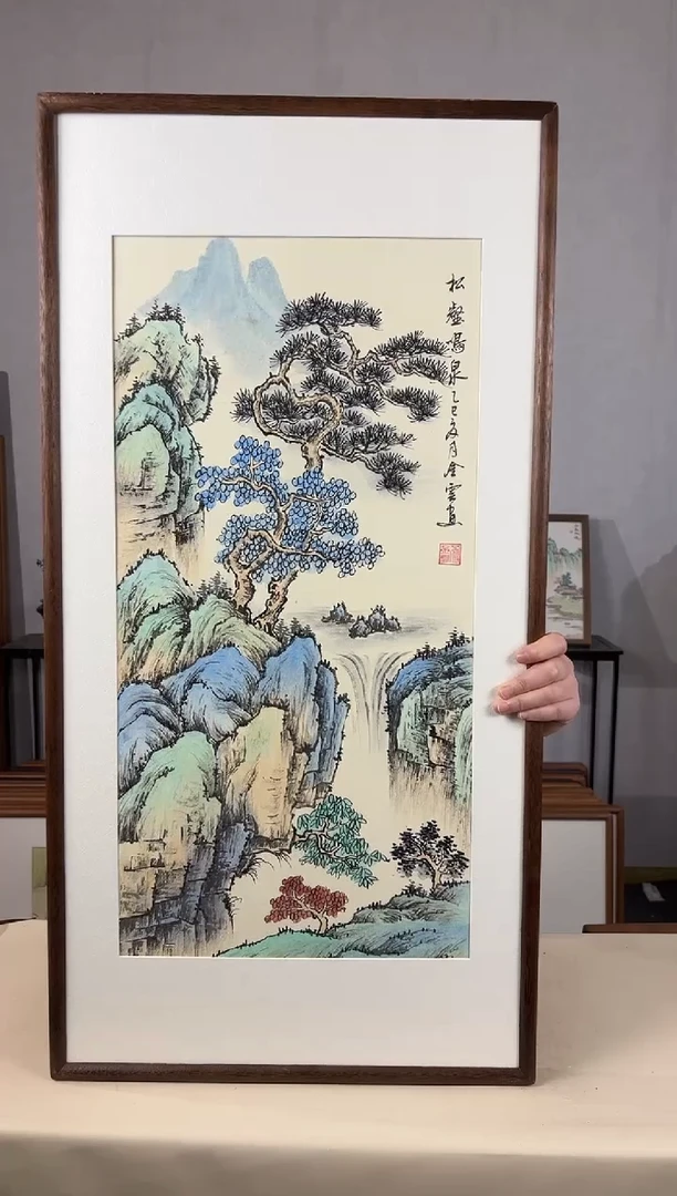 国画手绘*松鹤鸣泉*47*92cm带框发货