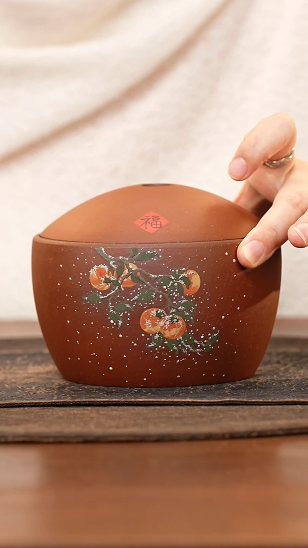 紫砂茶叶罐朱泥泥绘柿子醒茶罐
