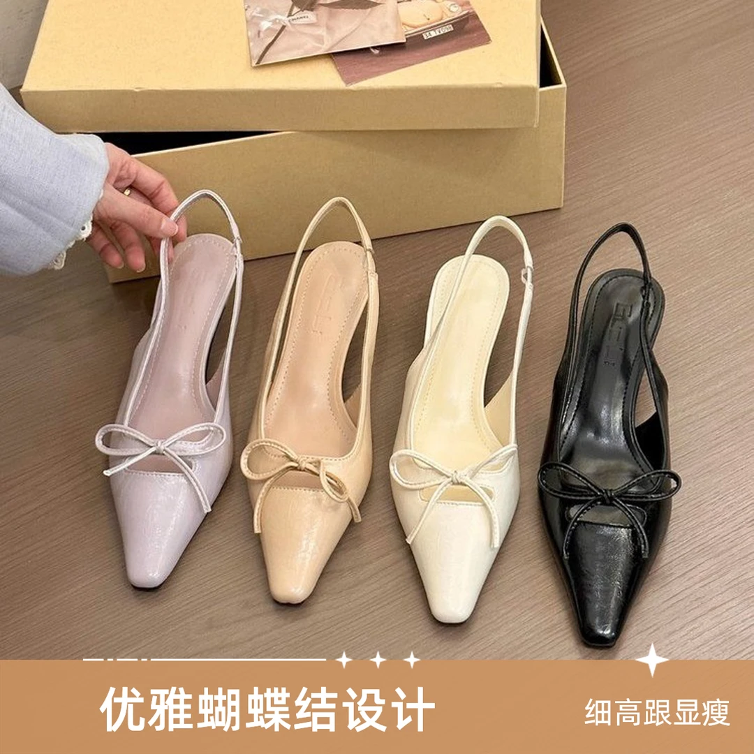百搭白色夏季法式细跟高跟鞋尖头蝴蝶结优雅凉鞋气质时尚仙女风
