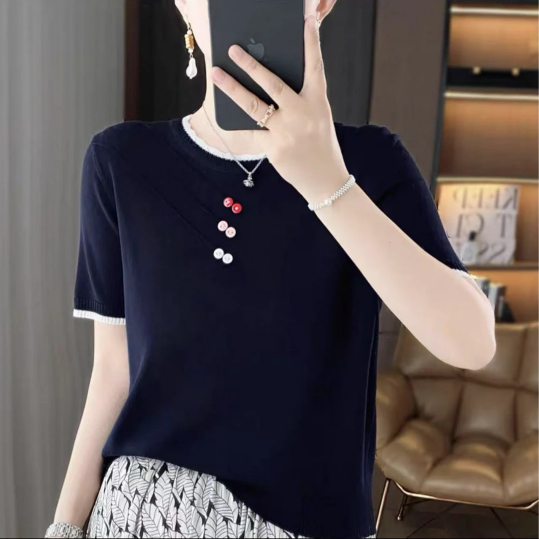 设计感圆领短袖t恤上衣薄款冰丝针织衫夏季时尚短款半袖休闲小衫