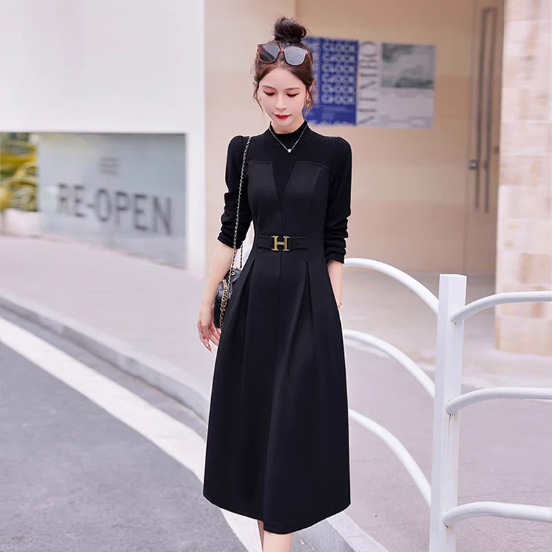 A1395轻职风拼接常规A字裙中腰连衣裙秋季时尚秋装女装减龄裙子