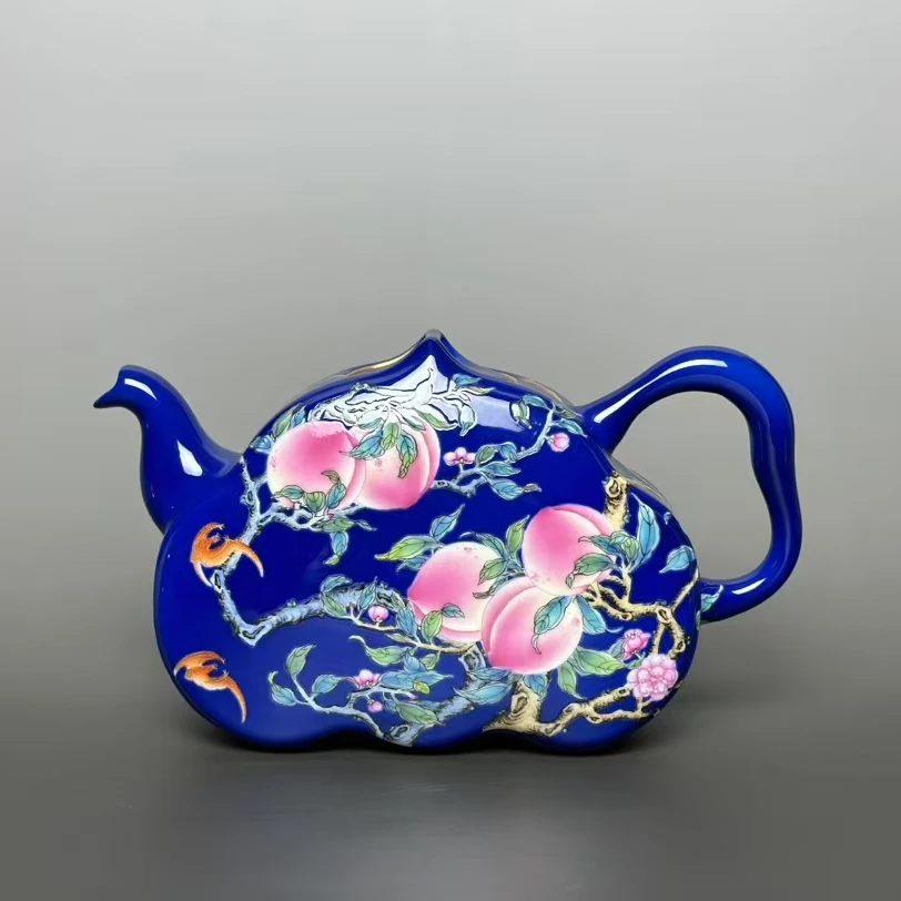 纯手工手绘 御窑宝石蓝珐琅彩八桃五福 桃型壶