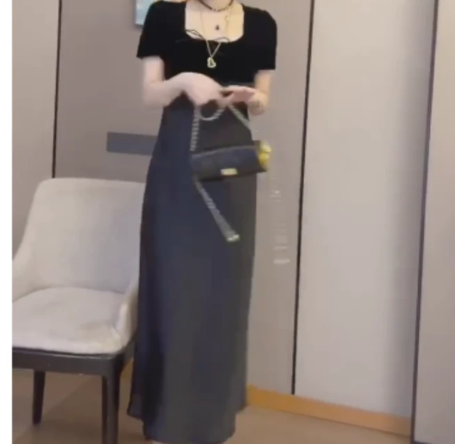 2025春季新款网红同款洋气气质韩版黑色拼接连衣裙TT-22