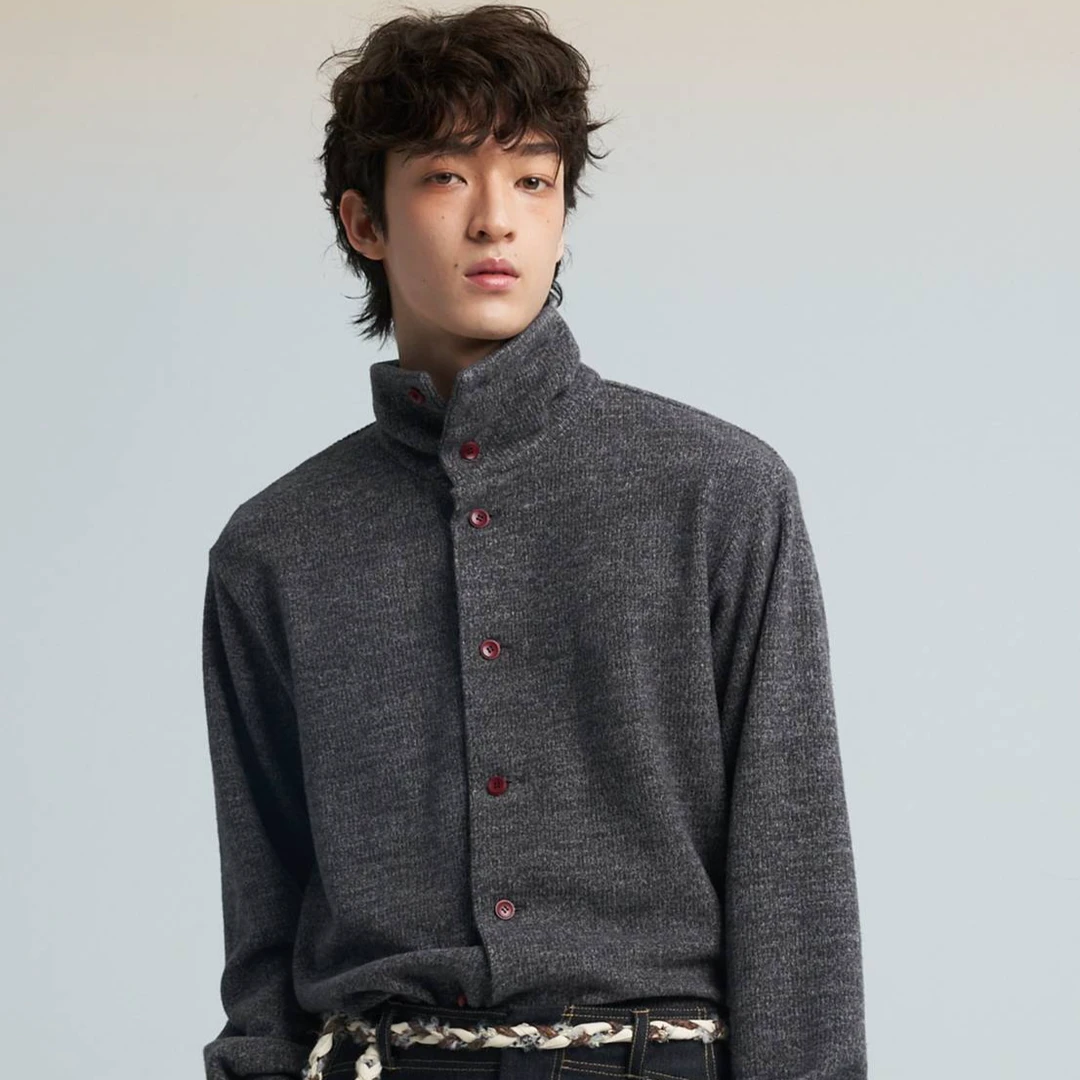 same flow中式立领撞色红色纽扣微落肩版型百搭内搭单品针织上衣