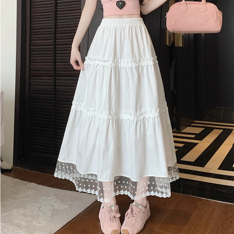 纯欲白色蕾丝边蛋糕裙女夏季新款高腰显瘦设计感a字仙女半身长裙