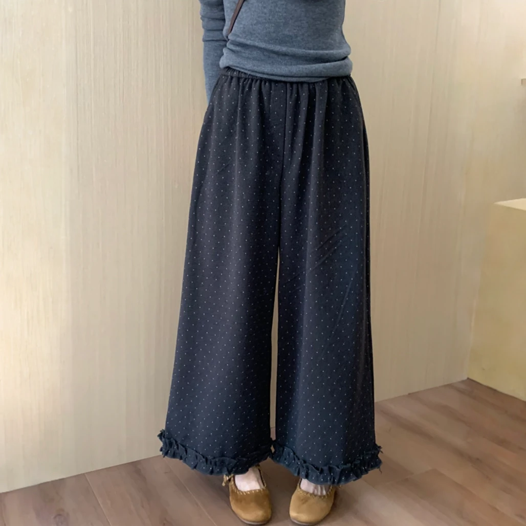 韩系木耳花边波点毛呢裤女2025秋季新款小个子百搭高腰直筒休闲裤