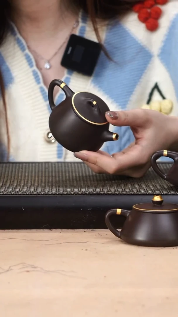 茶壶紫砂四号井茄皮紫泥描金新品高瓢130cc