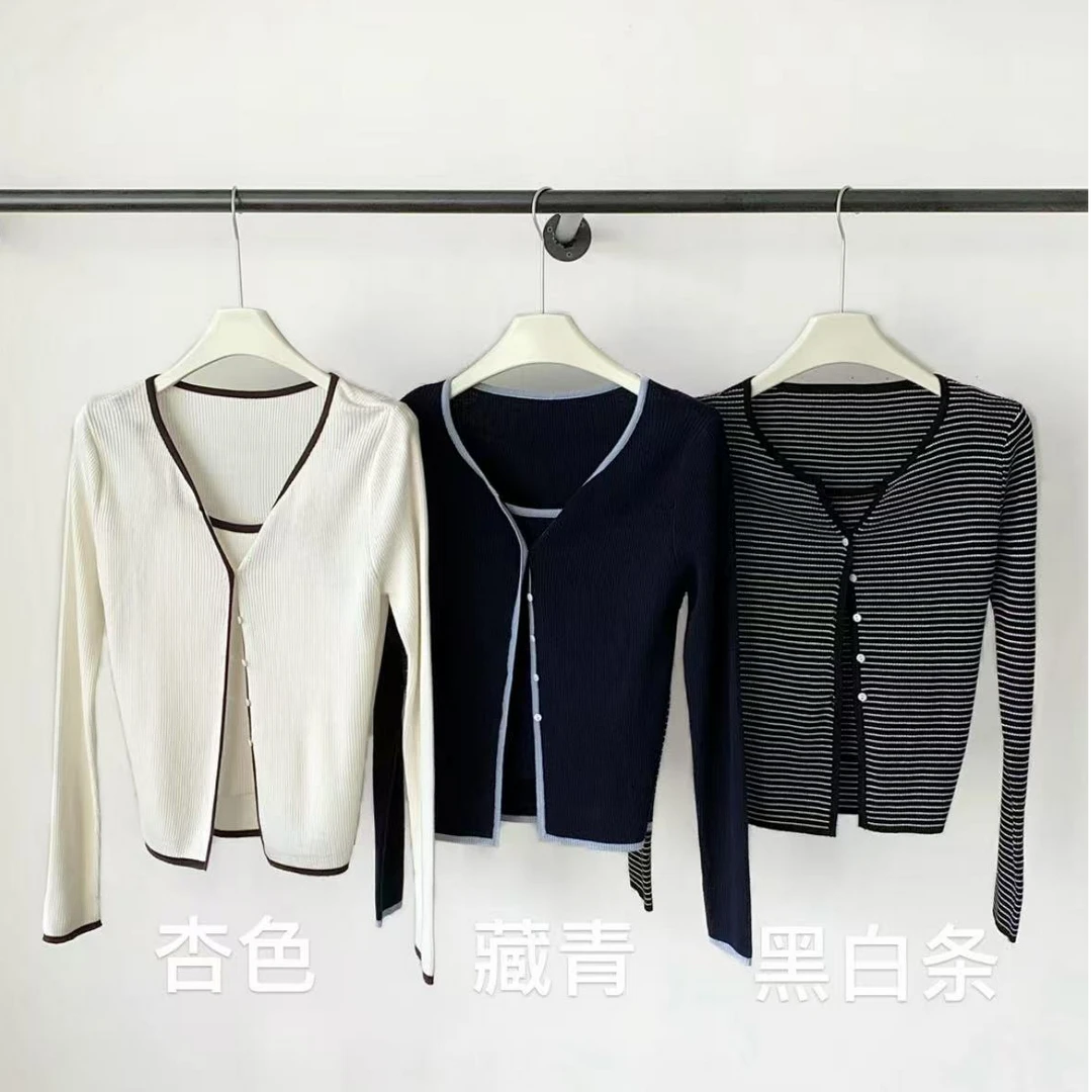 白白-夏季福利拼色边边条纹开衫假两件#H25M081