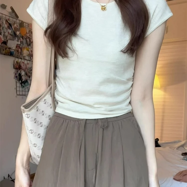 韩系正肩短袖T恤女夏季冰丝针织衫修身显瘦体恤短款辣妹白色上衣