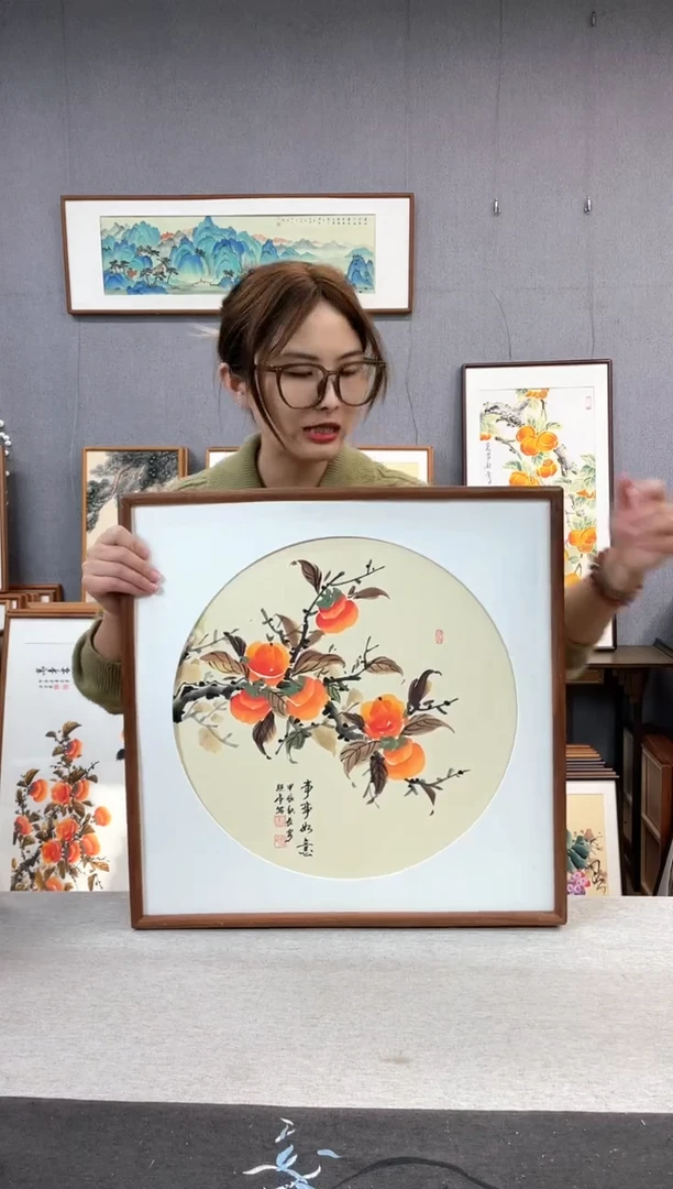 【闪购商品】国画贺照亭-纯手绘带框作品-52*52-柿子