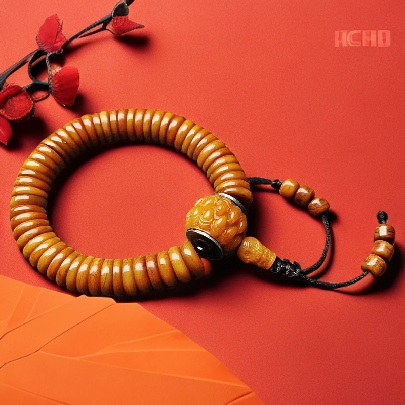 牦牛骨雕刻复古族风大肠珠片片珠手串手持黄色藏式三通款